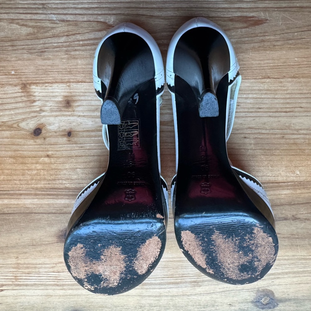 Via Spiga Leather B&W Spectator TStrap Peep Toe Platform Heel SZ 8 Made in Italy - Picture 7 of 8